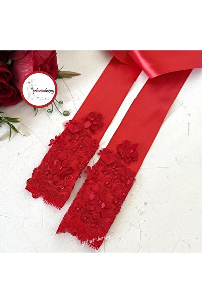 Gelincimherşey Gelin İçin 3 Boyutlu Dantel Uçlu Saten Gelin Kuşağı