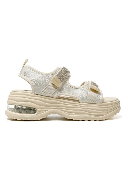 Guja 25Y417 Beige Women's Stone Velcro Sequined Orthopedic Thick Orthopedic Sole Summer Sports Sandals Shoes