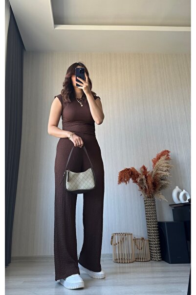 ButikNo35 Brown Textured Blouse Trousers Set