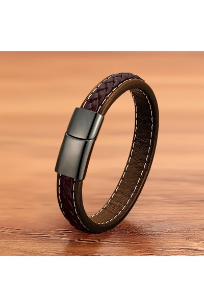 HERİF 💎   Premium Coffee Hair Braided Leather Bracelet Zamak Lock 31833B8D1Z - 21 cm