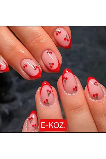 Butik Kiraz Desenli Kırmızı French Kısa Oval 24'lü Badem Takma Tırnak Seti
