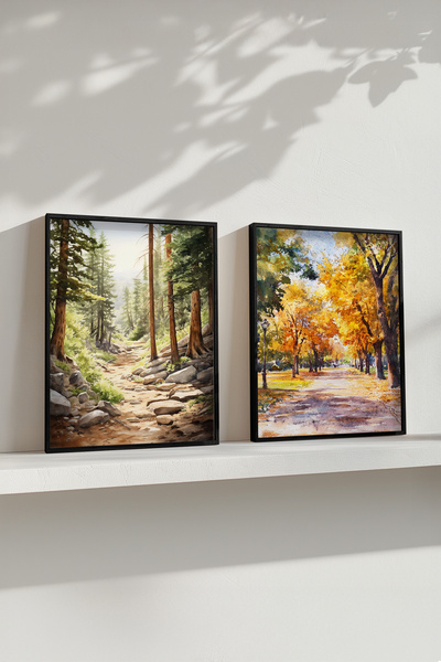 STARYUNA Black Wooden Framed Forest Autumn Watercolor Effect Double Painting Set Yuna418
