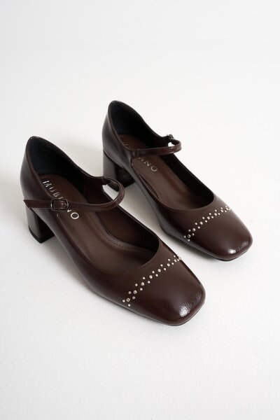 Mubiano Pantofi cu toc din piele lăcuită pentru femei Estelle Brown Blunt Toe...