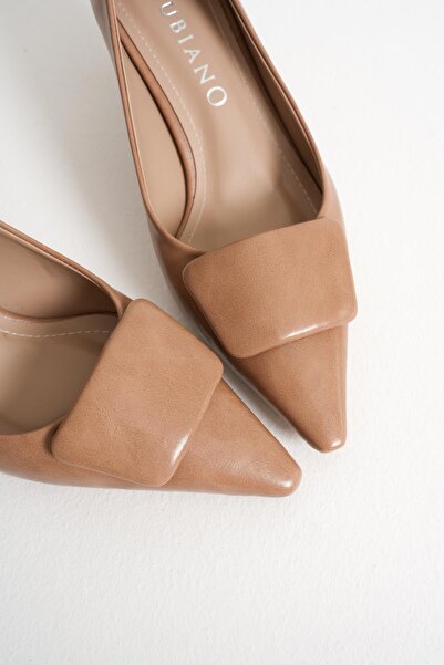 Mubiano Verona Beige Pointed Toe Women's Buckle Detail Low Thin Heeled Classic Shoes (5.5cm)