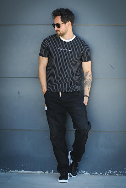 Oksit About Printed Striped Crew Neck Slim Fit Men's T-Shirt