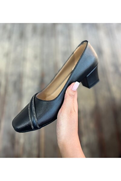 Nur Rose Women's Black Stone Shiny Daily Anatomical Stylish Evening Dress Cup Short Thick Heeled Laceless Mother Shoes