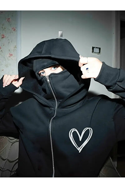DİSCOST Kadınlar İçin Kalp Desenli, Yıkanabilir, Günlük Kapüşonlu Fermuarlı Sweatshirt