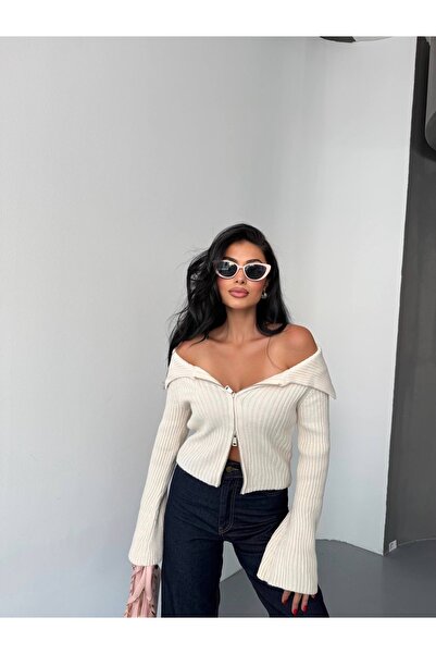 Butik Kadın Kayık Yaka Çift Fermuarlı Triko Hırka