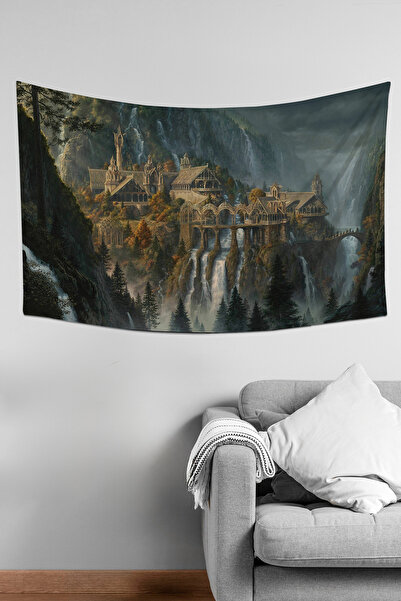Moud's Yüzüklerin Efendisi Rivendell Ayrıkvadi Desenli Duvar Örtüsü Duvar Halısı Tapestry Süet Dokulu Kumaş