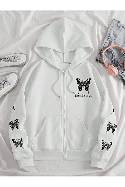 Generic Brand Women's Butterfly Patterned Hooded Tie Sweatshirt