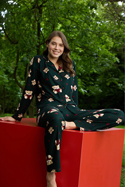 Pijamoni Women's Teddy Bear Patterned Buttoned Front Green Pajama Set - 5660