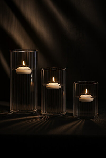 ZURİ DESİGN Set of 3 Striped Glass Vases - Modern and Stylish Decorative Vase 9X10 - 9X14 - 9X18 (Candle Not Included)