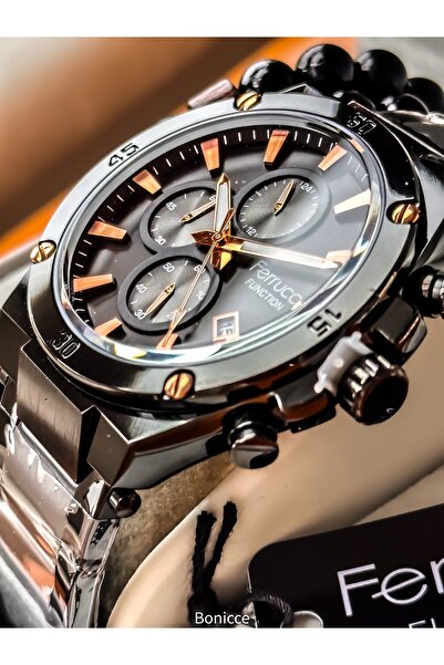 Ferrucci Fonksiyonlu Erkek Kol Saati, Sertifikalı ,Garantili, SİYAH Çelik Kordon Çift Bileklik Hediyeli