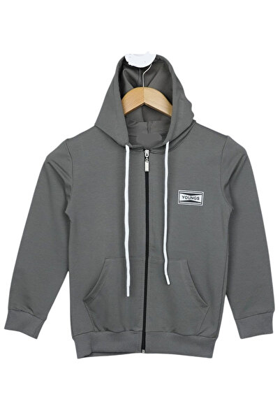 İrem Çocuk Giyim Boy's Young Text Patterned Zippered Hooded Gray Cardigan