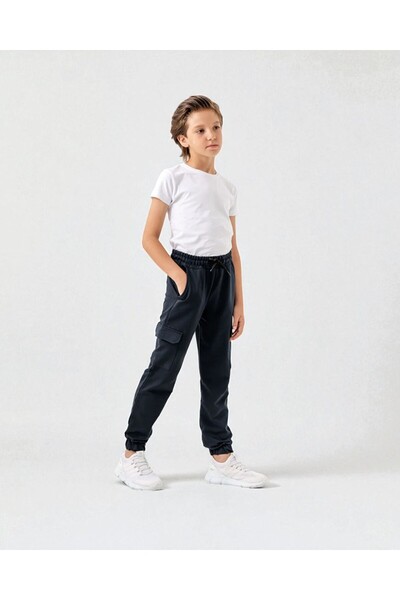 VOY KİDS Boys' Cotton Jogger Sweatpants – Cargo Pockets and Drawstring |   Comfortable Sports Bottoms for School L Navy Blue