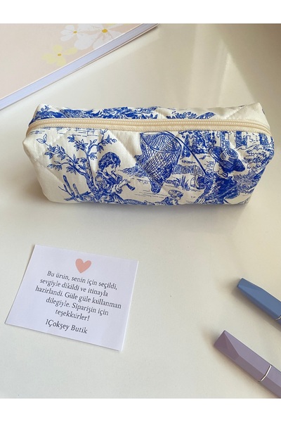 1çokşey Vintage Desenli Kalem Kutusu - Kalemlik - Astarlı, Yumuşak Doku , (21*7*6 cm)