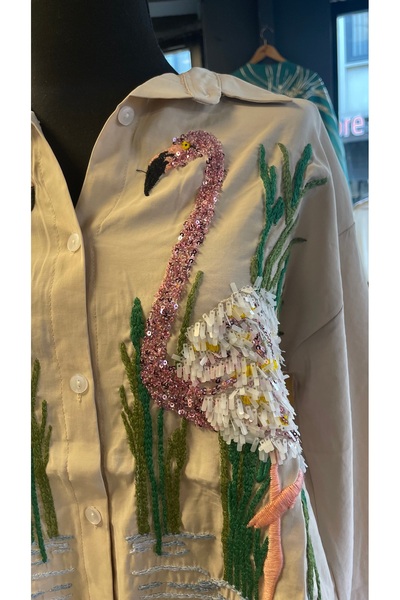 Forever Women's Stone Embroidered Patterned Long Sleeve Cotton Shirt