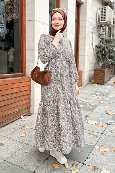 Kombinazon Mios Leopard Print Belted Layered Camel Dress