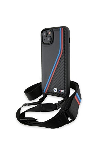 BMW Husa iPhone 15 Plus Leather M Edition Carbon Tricolor Lines & Strap, negr...