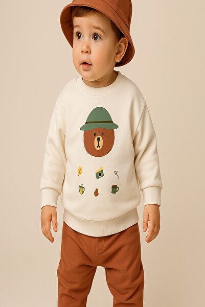 dinamik çocuk Camper Teddy Bear Printed Safari Hat 3-Piece Baby Boy Set 6-9-12-18-24Months