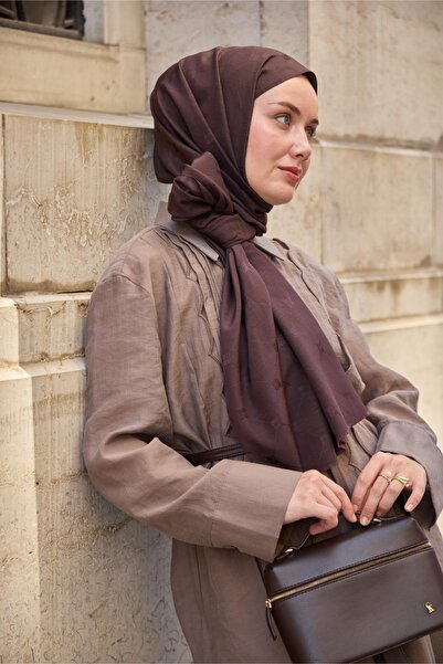 Silk Home Monogram desenli Pamuk İpek Şal - Koyu Kahve