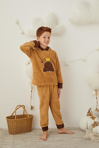 RAPAPA Boy's Brown Plush Fleece Pajama Set - Hooded 43307
