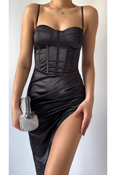 Bak Moda فستان ستان أسود بأشرطة