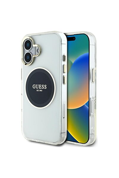 Guess Husa iPhone 16 originala IML Metal Colored Circle MagSafe, negru, GUHMP...