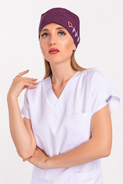 Nur Medikal Giyim Unisex Mürdüm Kalp Ritim Nakışlı Doktor Hemşire Hastane Med...