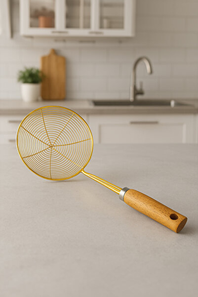 Vadi Wooden Handle Stainless Steel Frying Oil Ladle Colander Strainer Gold 16 cm