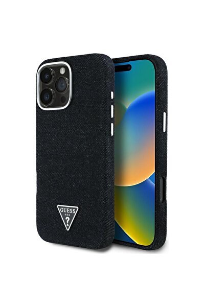 Guess Husa iPhone 16 Pro Denim Triangle Logo MagSafe, negru, GUHMP16LRJFWTLK
