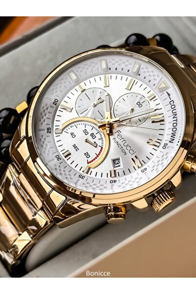 Ferrucci Fonksiyonlu Erkek Kol Saati, Sertifikalı ,Garantili, Sarı Çelik Kordon Çift Bileklik Hediyeli