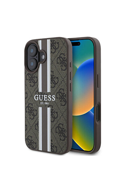 Guess Husa originala iPhone 16 Hardcase 4G Printed Stripes MagSafe, maro, GUH...