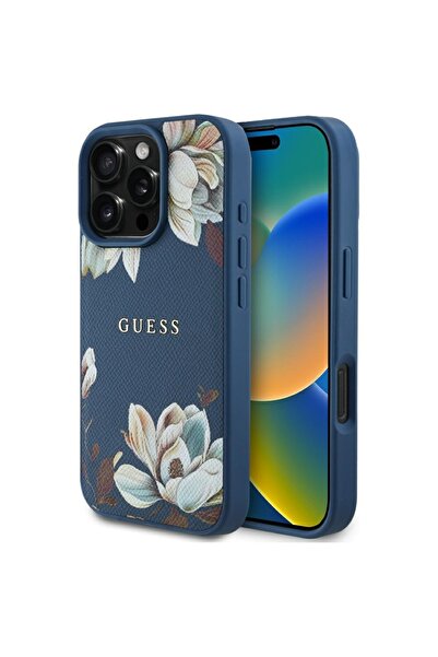 Guess Husa iPhone 16 Pro Max Grained Flowers MagSafe, albastru, GUHMP16XPGNMPLMB