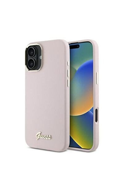 Guess Husa iPhone 16 Silicone Script Metal Logo & Frame, roz, GUHCP16SSMBSLP