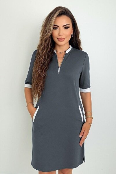 Mossta Viscose Dress with Zippered Neck Pocket - Gray