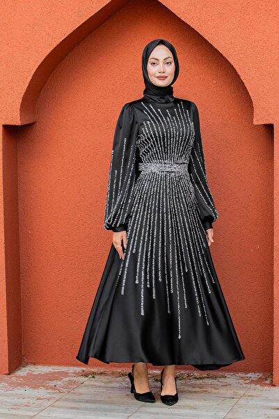 Tesettür Çarşım Eva Taşlı Saten Tesettür Abiye-Siyah