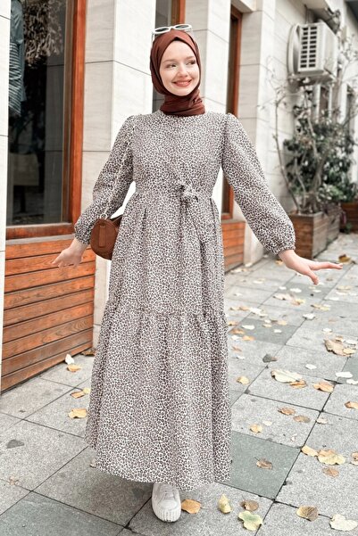 Kombinazon Mios Leopard Print Belted Layered Camel Dress