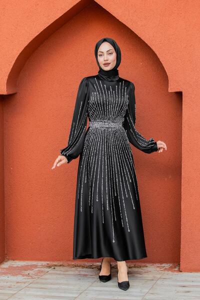 Tesettür Çarşım Eva Taşlı Saten Tesettür Abiye-Siyah