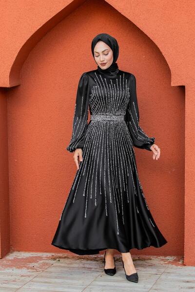 Tesettür Çarşım Eva Taşlı Saten Tesettür Abiye-Siyah