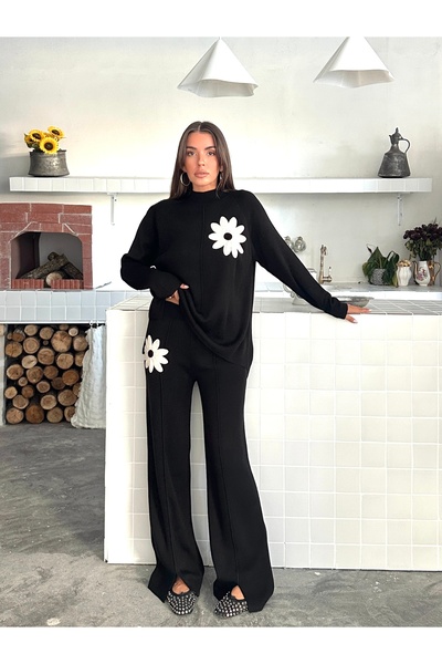 Lusin Women's Stylish Floral Embroidered Black Half Turtleneck Sweater Pants Bottom Top Knitwear Set