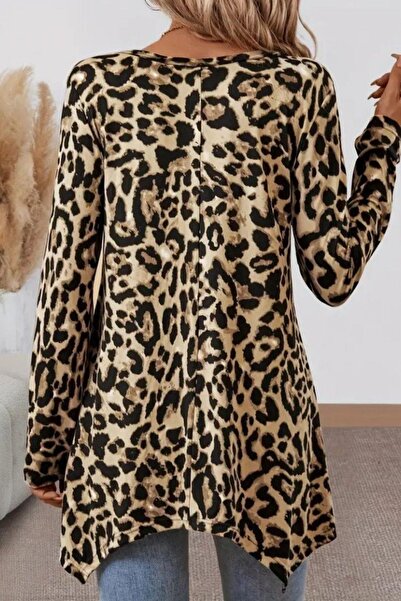 Mossta Leopard Print Asymmetrical Cut Single Jersey Blouse - Leopard