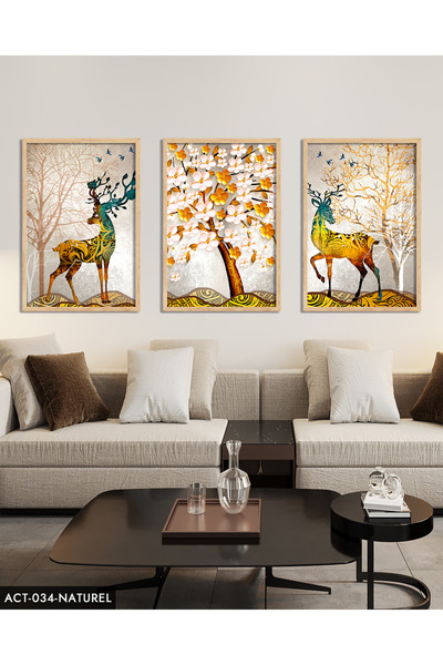 CeSht Renkli Geyik, Renkli Ağaç 3 Parça Ahşap Çerçeveli Tablo