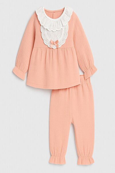 dinamik çocuk Baby Girl 2-Piece Top and Bottom Set Lace Collar Detailed Long Sleeve Seasonal 3-6-9-12-18-24 Months