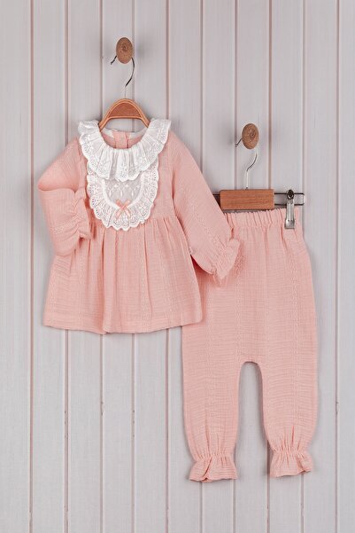 dinamik çocuk Baby Girl 2-Piece Top and Bottom Set Lace Collar Detailed Long Sleeve Seasonal 3-6-9-12-18-24 Months