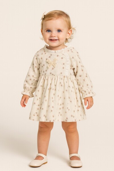 dinamik çocuk Baby Girl Floral Patterned Long Sleeve Seasonal Dress – Lace Bow Detail 3-6-9-12-18-24 Months