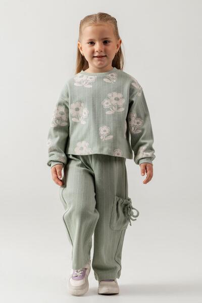 Magu Dívčí bavlněný oblek se zeleným květinovým vzorem – kalhoty se zavazováním