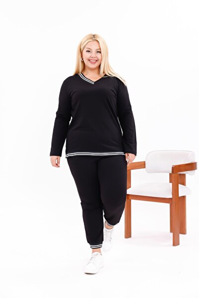 Siyezen Plus Size V-Neck Stripe Detailed Suit