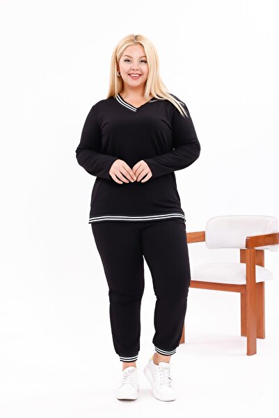 Siyezen Plus Size V-Neck Stripe Detailed Suit