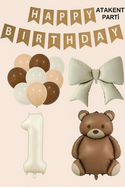 ATAKENT PARTİ Retro Bear Foil Balloon with Bow Caramel Birthday Set Party Celebration Entertainment